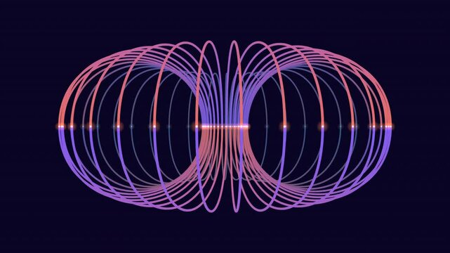 This image visualizes the magnetic field surrounding Earth, generated by molten iron movement in the core. Purple and pink lines converge in circular pattern, contrasting against dark background
