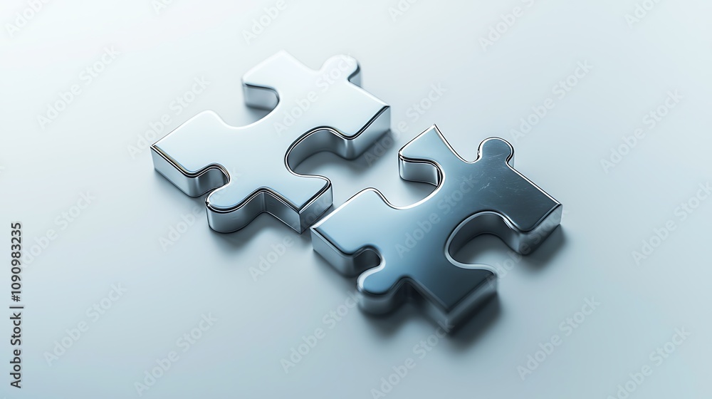 Poster two shiny puzzle pieces interlocking on a smooth surface, symbolizing connection and collaboration.