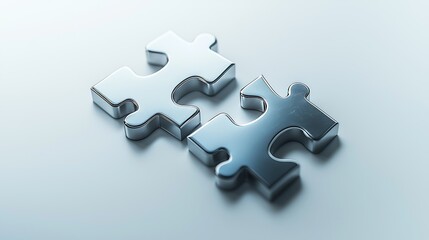 Fototapeta premium Two shiny puzzle pieces interlocking on a smooth surface, symbolizing connection and collaboration.