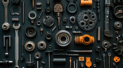 Assorted Metal Tools and Parts Arranged on a Dark Surface