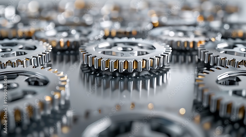 Poster a close-up view of interlocking metallic gears, showcasing their intricate details and reflections, 