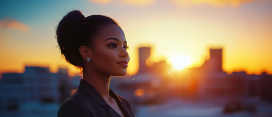 portrait of young, beautiful confident rich african woman standing on the roof and thinking about future; urban skyscrapers & sunset as a background; copy space