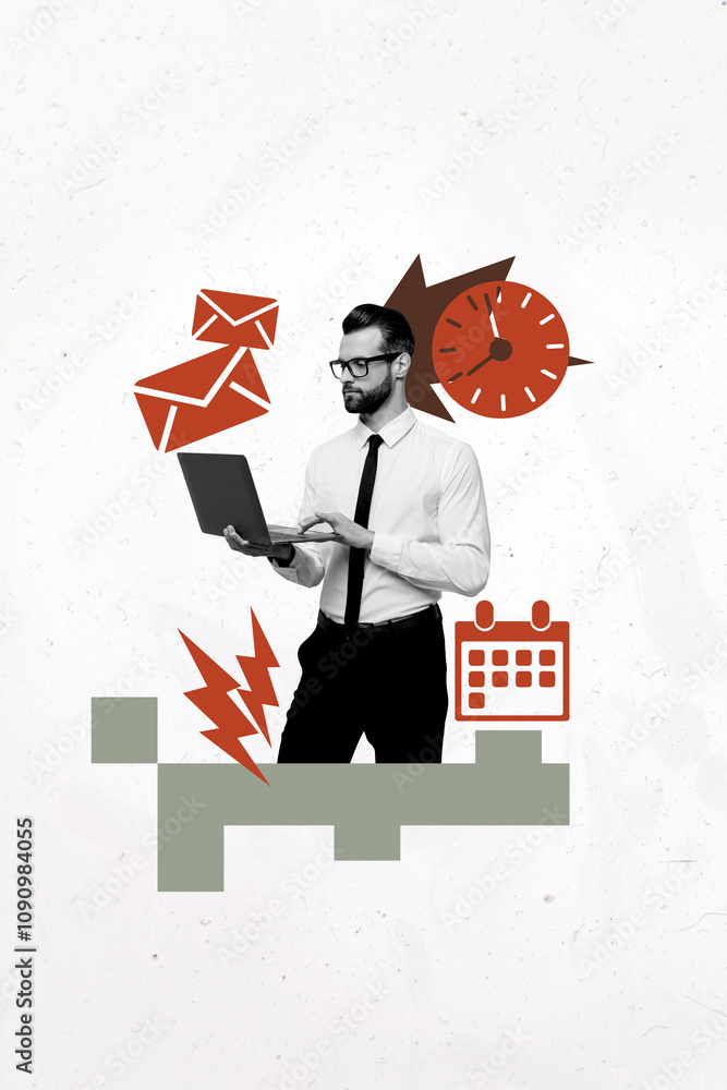 Poster vertical exclusive magazine picture sketch collage image of busy worker having working deadline isol