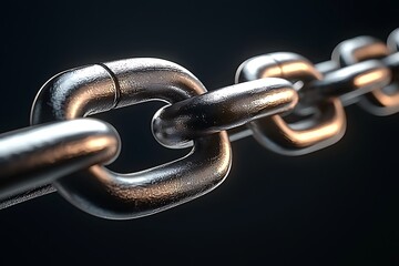 A close-up view of a shiny metallic chain link against a dark background, showcasing its texture and strength.