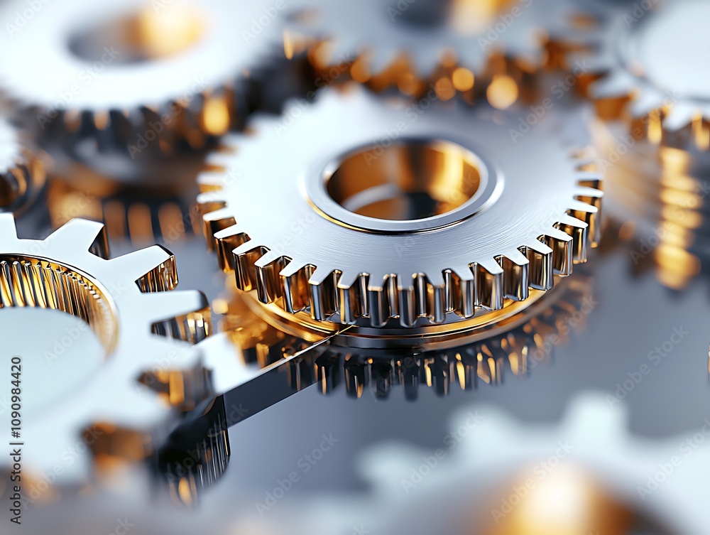 Poster a close-up of interlocking metallic gears, showcasing intricate designs and a shiny surface, highlig