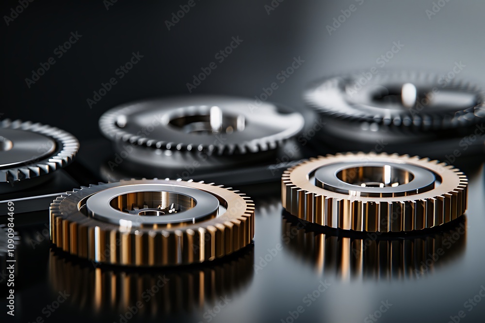 Poster a close-up of interlocking metallic gears showcasing intricate designs and finishes, emphasizing pre
