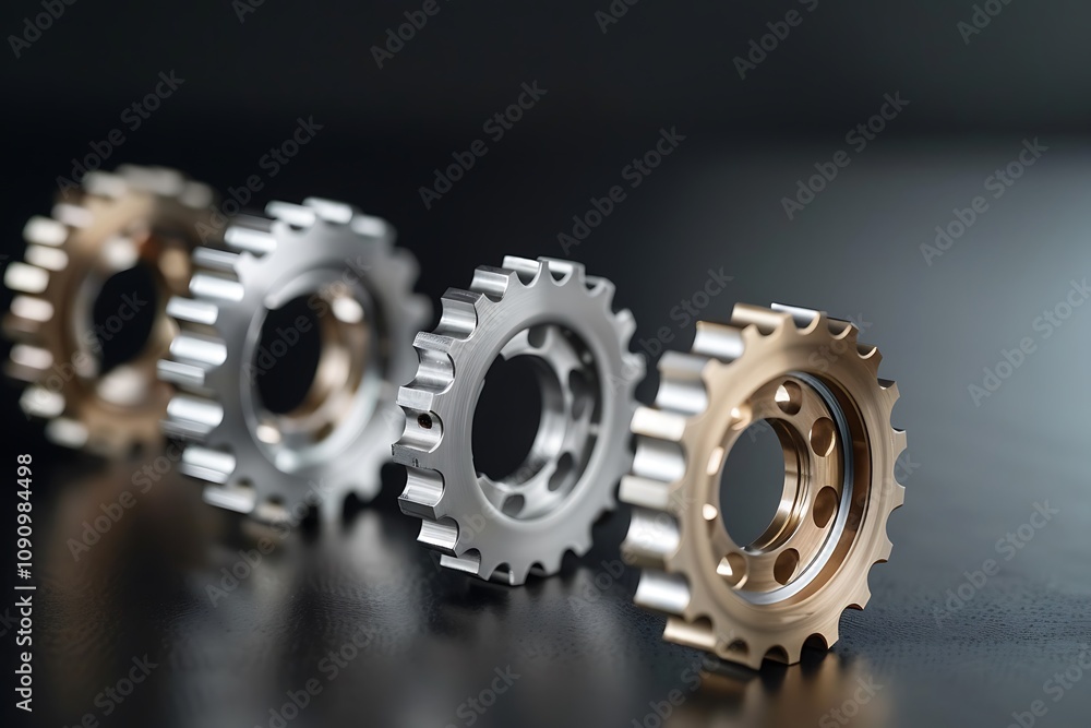 Poster a close-up image of metallic gears in various colors, showcasing intricate designs and textures on a