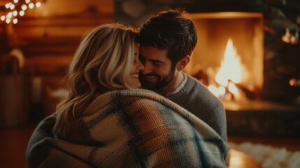 Obraz premium Cozy valentine's day evening by fireplace with roses and love