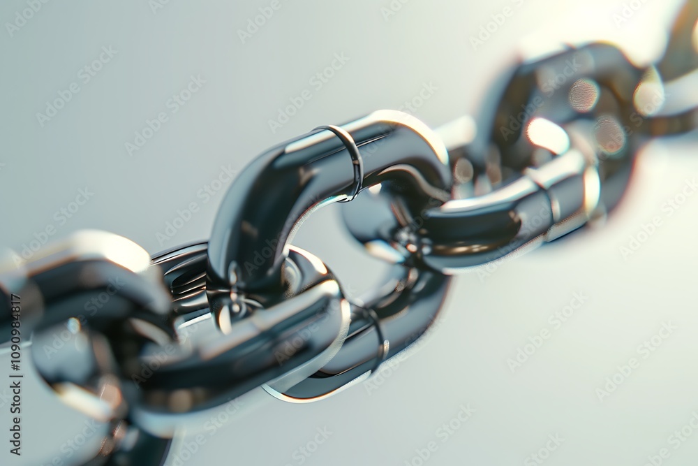 Poster a close-up view of shiny metal chain links, showcasing their interlocking design and reflective surf
