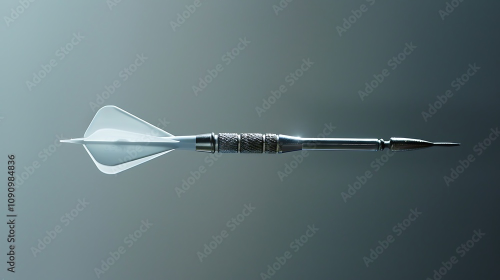 Poster a sleek, metallic dart with a pointed tip and white flight, showcased against a soft gradient backgr