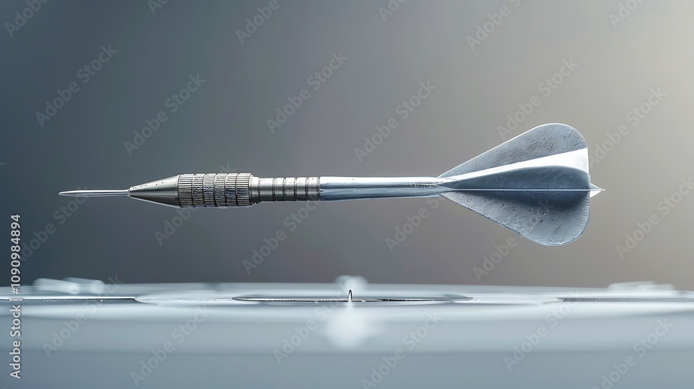 Poster a close-up of a sleek dart, showcasing its metallic tip and fins, poised above a dartboard, emphasiz