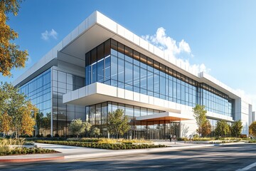 Obraz premium 3D rendering of a modern hospital building exterior with glass features.