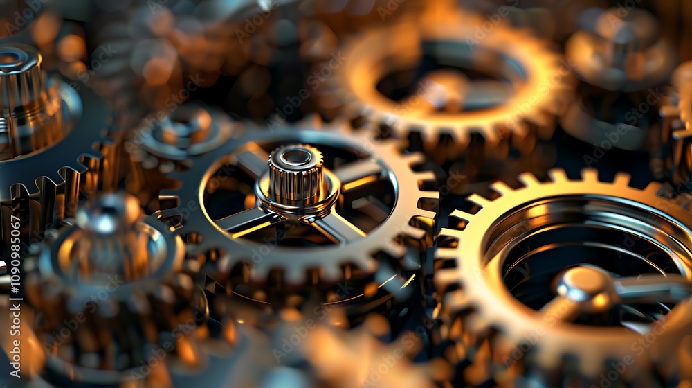 Poster a close-up of intricately designed metallic gears, showcasing their details and reflections in warm 