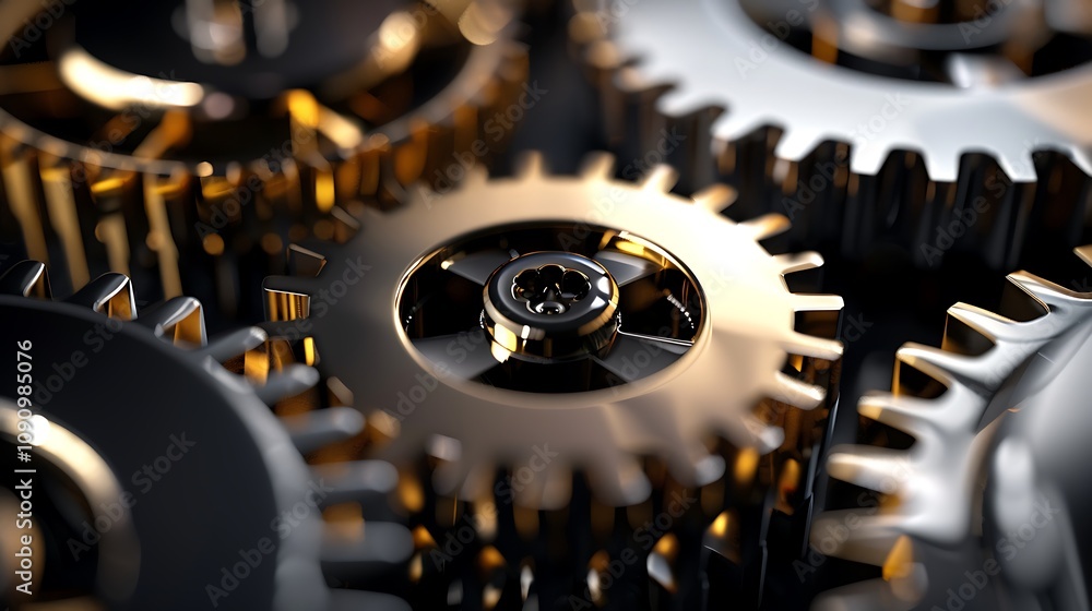 Poster a close-up of interlocking metallic gears, showcasing intricate details and textures, highlighting t