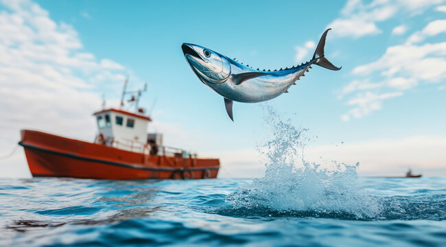 Tuna jumping in front of a fishing boat