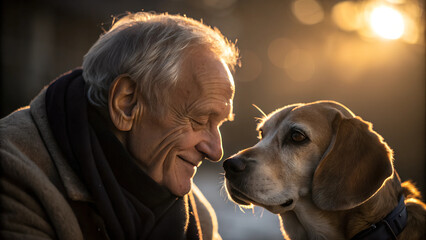 Sinnliches Portrait eines älteren Mannes mit einem Hund. Konzept: Starke emotionale Verbindung zwischen Mensch und Tier - "Der Hund als bester Freund des Menschen"