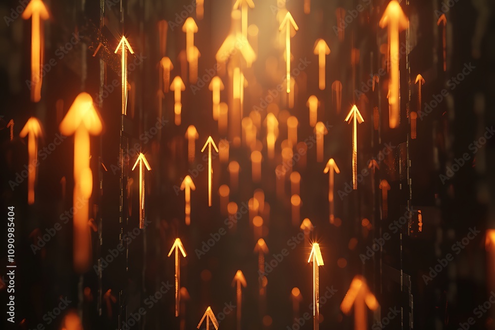 Poster a dynamic display of glowing, upward-pointing arrows against a dark background, symbolizing growth a