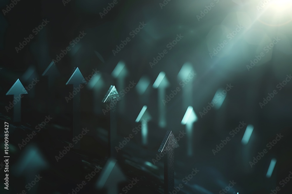Poster an ethereal image featuring various upward-pointing arrows, symbolizing growth, progress, and direct