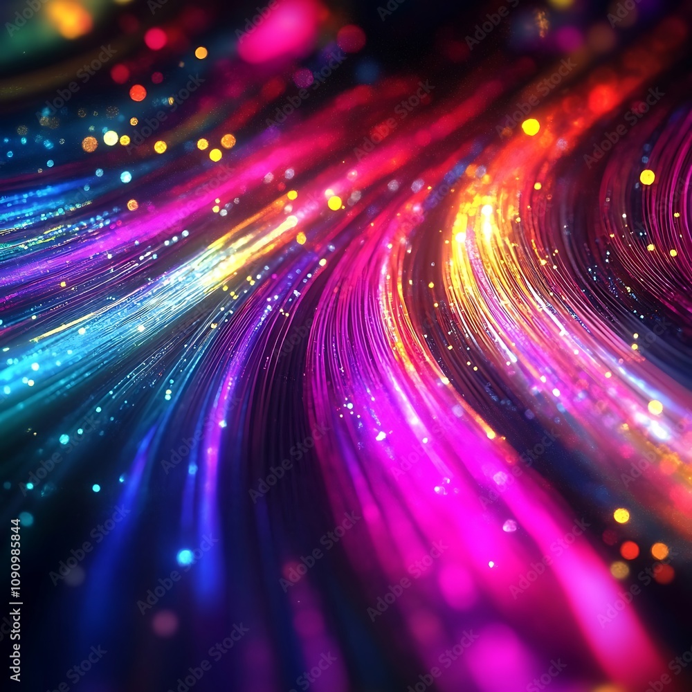 Poster abstract digital artwork featuring vibrant blue and red light trails swirling against a dark backgro