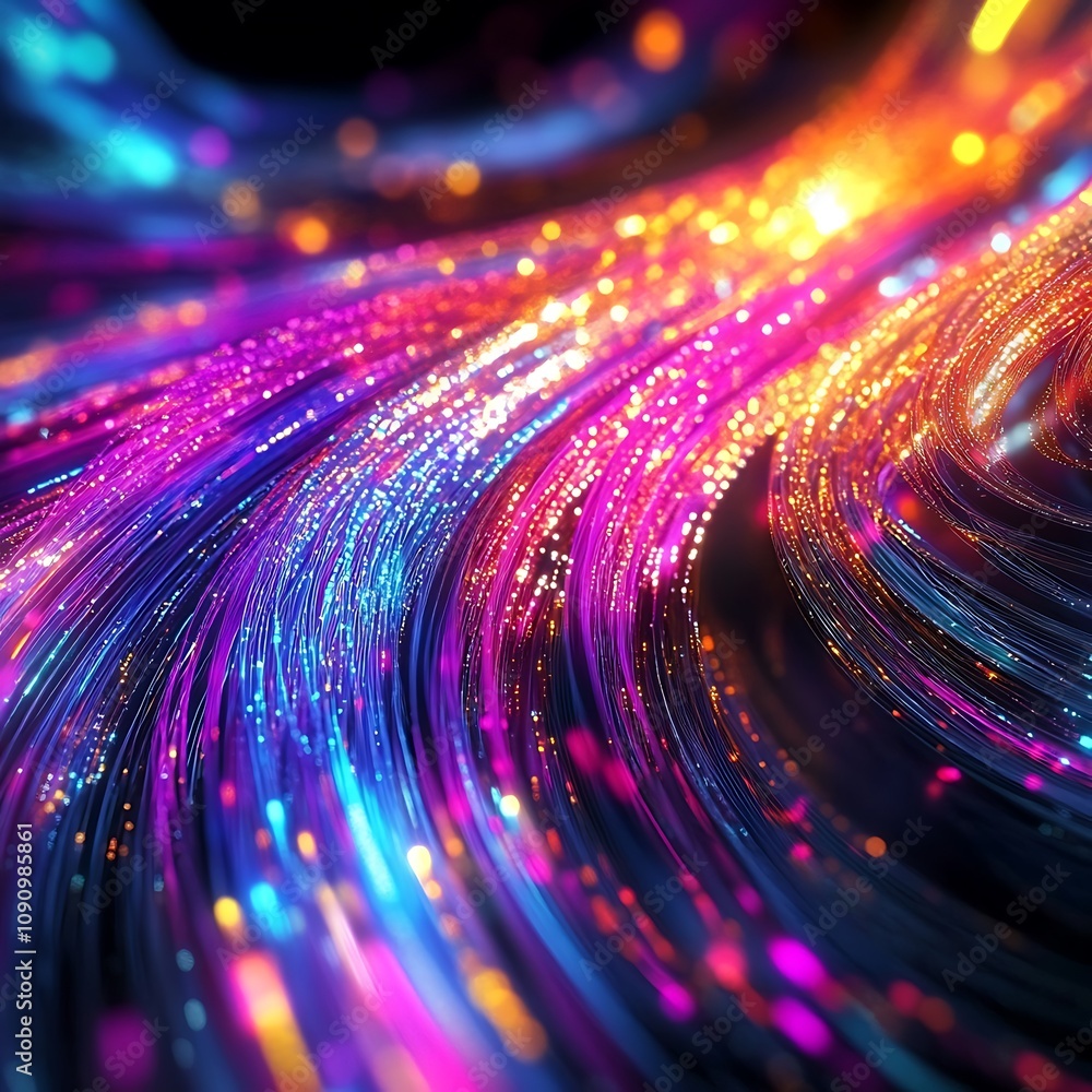 Poster abstract digital artwork featuring vibrant blue and red light trails swirling against a dark backgro