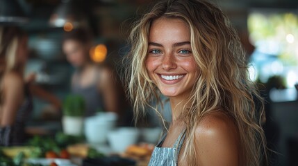 Fototapeta premium A smiling woman with wavy hair stands in a vibrant kitchen filled with fresh produce, exuding warmth and joy.