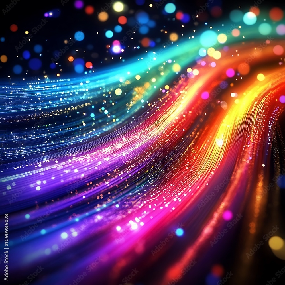 Poster abstract digital artwork featuring vibrant blue and red light trails swirling against a dark backgro