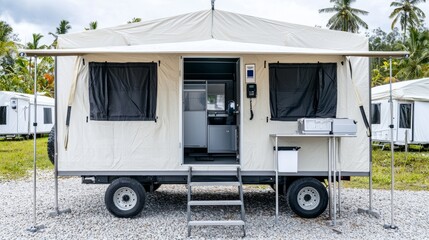 Immunization development A modern mobile cabin located in a scenic outdoor setting.