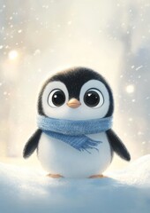 Fototapeta premium Cute baby penguin wearing a blue scarf, standing in soft snow with a glowing wintery background, exuding charm and warmth. 