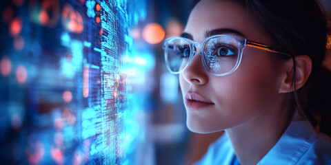 A female doctor wearing glasses analyzing medical data on computer in modern hospital laboratory, virtual telemedicine, high tech, healthcare and technology 