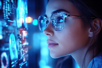 Close-Up of a Female Doctor Analyzing Medical human body Scans on a Monitor, Showcasing Advanced Diagnostic Technology, healthcare and technology concept