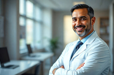 Fototapeta premium Middle Eastern male doctor in white lab coat with arms crossed standing in clinic, smiling at camera. healthcare, medical expertise, patient care, medicine