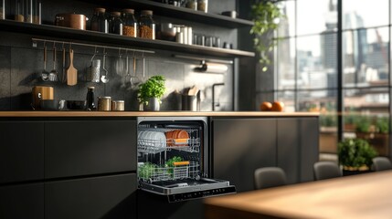 Modern Kitchen with Open Dishwasher, City View