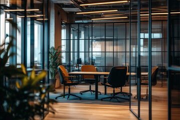 Office interior with glass workspace and meeting room