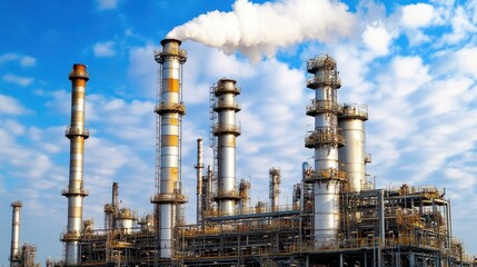 Fototapeta premium Crude Oil Refinery Operation Concept Close-Up View of Industrial Refinery Chimneys Emitting Steam Against a Blue Sky with White Clouds, Showcasing the Complexities of Modern Energy Production