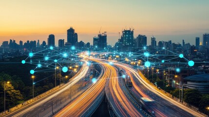 Fototapeta premium Smart City at Sunset: Connected Highways and Urban Skyline