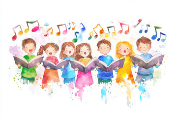 Fototapeta premium Watercolor Children choir illustration. Music. 