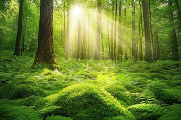 Obraz premium A dense green forest bathed in soft sunlight, with golden rays streaming through the canopy. Ferns and moss blanket the forest floor in vibrant hues.