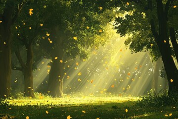 A tranquil green woodland with beams of sunlight cutting through the leafy canopy. Fallen leaves scatter the forest floor, glowing in golden light.