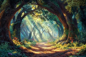 Obraz premium Lush, vibrant trees form a natural archway in the forest, with sunlight streaming through the leaves and dappled light dancing on the ground
