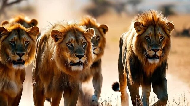 A pride of lions hunting in the savannah