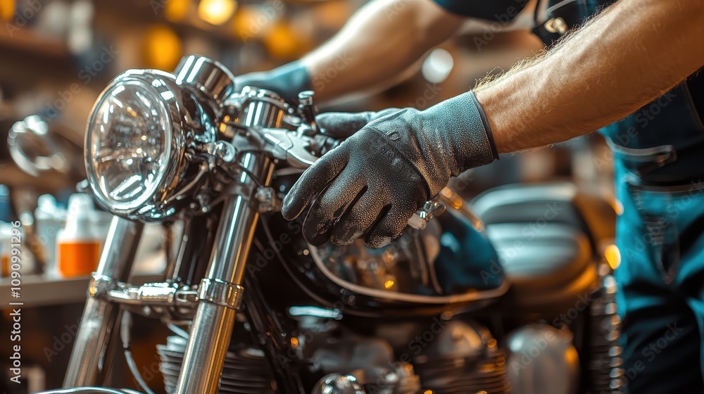 Poster a mechanic adjusts the handlebars of a motorcycle in a workshop setting.