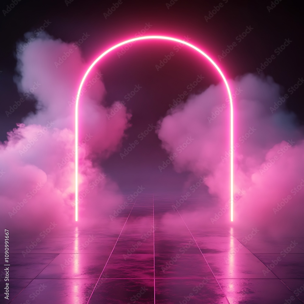 Poster neon light arch with smoke. rectangular glow of pink frame. pink laser shape with clouds. led futuri