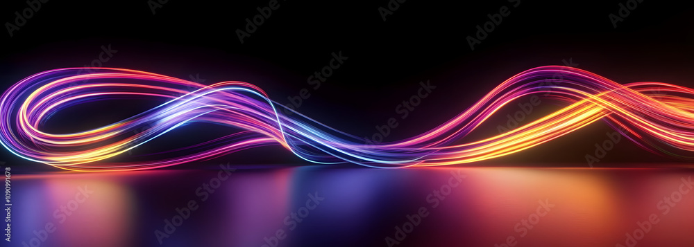 Poster 3d render. abstract panoramic background of twisted dynamic neon lines glowing in the dark room with