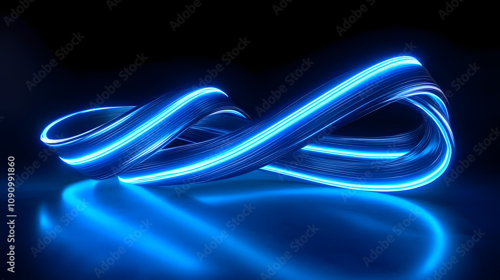Poster 3d render. abstract panoramic background of twisted dynamic blue neon lines glowing in the dark room