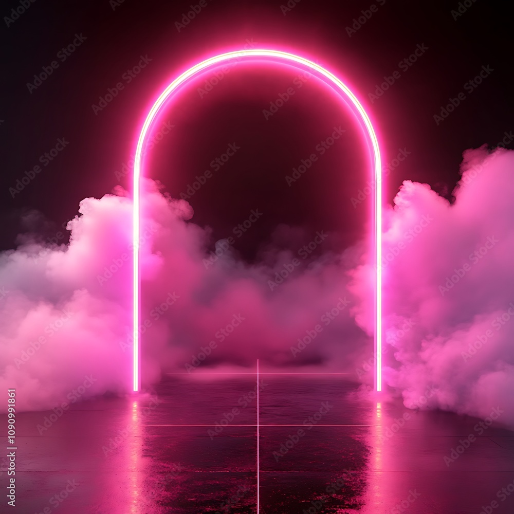 Poster neon light arch with smoke. rectangular glow of pink frame. pink laser shape with clouds. led futuri