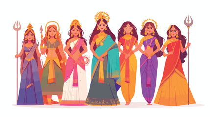 Nine Indian Goddesses Devi Celebrating Happy Navrat Festival