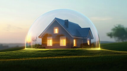 A house surrounded by a transparent protective dome, symbolizing security and home insurance. The dome glows softly, creating a safe barrier around the property.