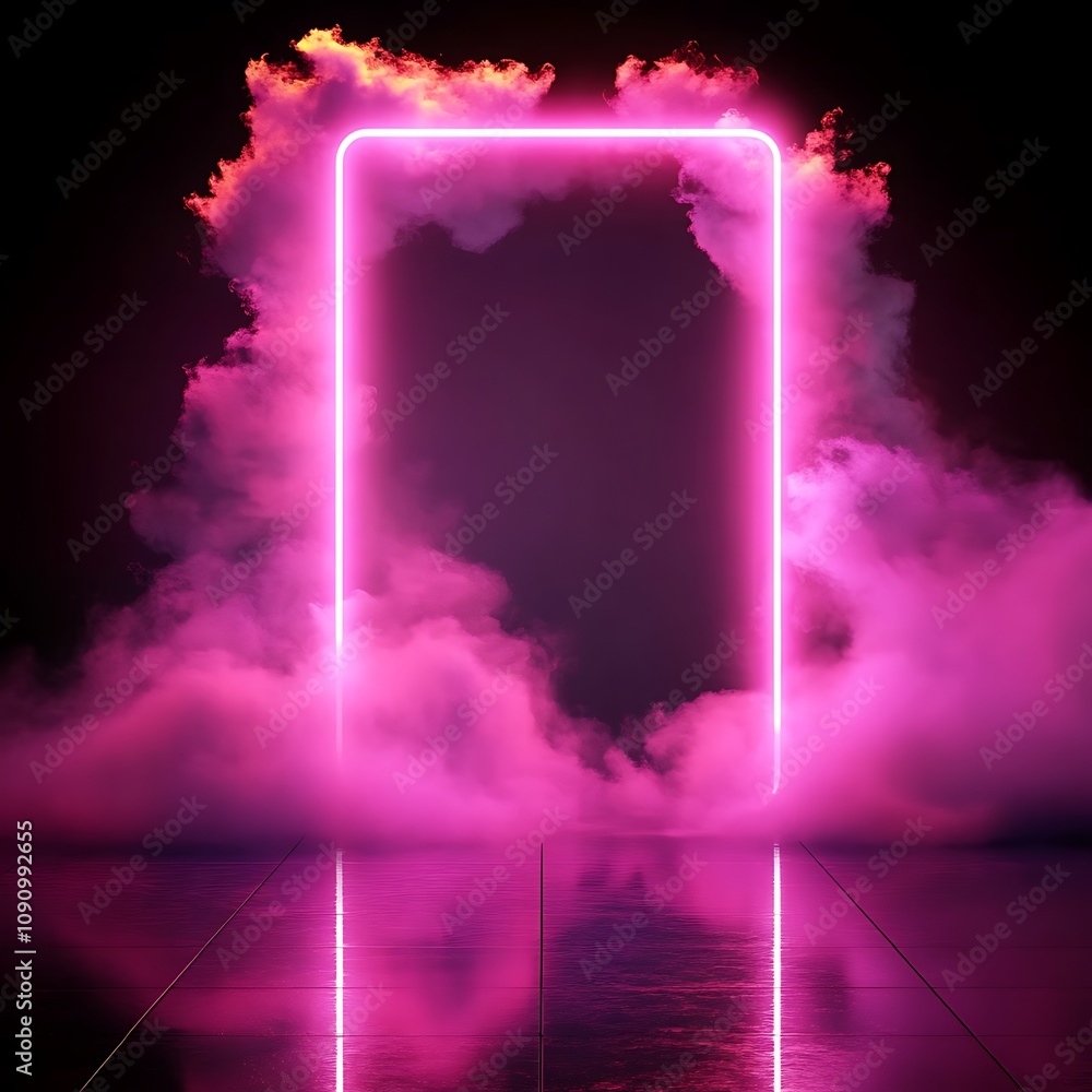 Poster neon light arch with smoke. rectangular glow of pink frame. pink laser shape with clouds. led futuri