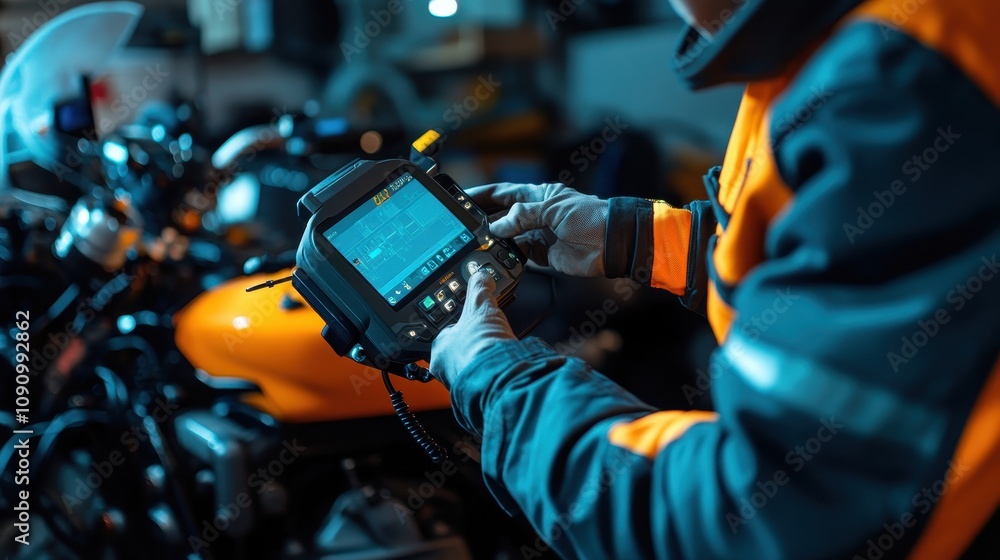 Aufkleber a technician using a diagnostic tool on a motorcycle in a workshop setting.
