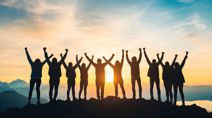 Fototapeta premium A group of friends celebrates life at sunset, arms raised triumphantly. Joy radiates as they embrace the beautiful moment together.